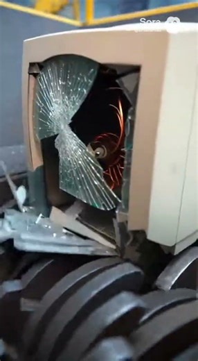 Industrial shredder destruction, bulky beige 90s desktop computer pushed into giant shredder blades