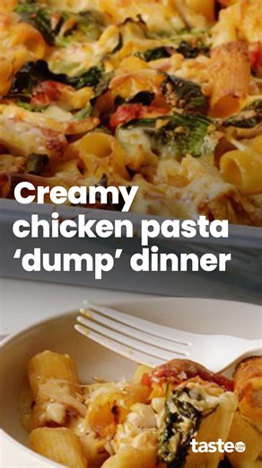 You don’t even need to boil the pasta – just dump, bake and devour this easy chicken pasta bake! For the recipe, Google 'Taste creamy chicken pasta dump dinner' or find the recipe in the comments below👇. | Taste.com.au
