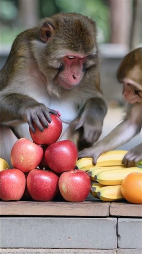 Monkeys arrange fruit like a fruit shop
