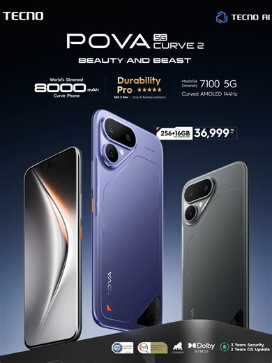 Meet the all-new TECNO #POVACurve2 5G. Built for unstoppable power with the world’s slimmest 8000mAh curved design, a super-smooth 144Hz AMOLED display, powerful MediaTek Dimensity 7100 5G processor & more! Now available nationwide at BDT 36,999 (VAT Applicable). #TECNO #POVACurve2 #TECNOAI