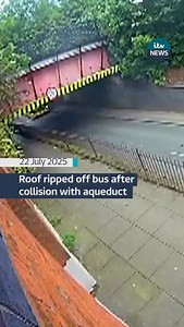 A passenger was ‘ejected from the top deck’ and a bus driver has been arrested after it is believed a double decker drove off its route and crashed into an aqueduct - ripping off the roof. At least 20 people were injured following the incident on Barton Lane, in Eccles, shortly after 3.05pm on Monday 21 July. #itvnews | ITV News