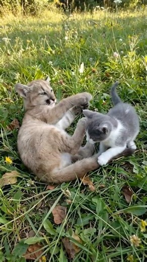 Two Tiny Friends: Baby Puma Meets Kitten 😻🦁 #cat #animals