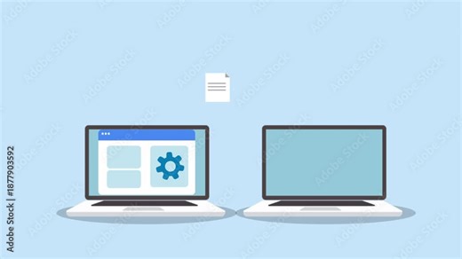 Flat illustration of two laptops connected by cloud file transfer. Concept of data synchronization, file sharing, backup, and digital workflow in modern cloud computing technology.
