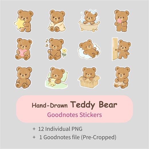 Kawaii Teddy Bear Goodnotes Stickers: Hand-drawn Digital Planner Set (PNG) - Etsy