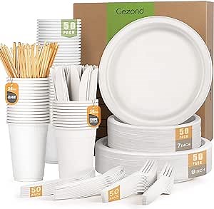 Gezond Compostable Paper Plates 350pcs Disposable Plates for Wedding Party Eco-friendly Sugarcane Plates Biodegradable Cutlery Forks Knives Spoons Cups and Straws for 50 People White