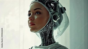 A female android looks towards a window with a thoughtful expression
