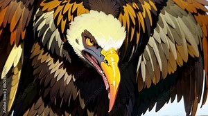 4K cartoon animation of intense gaze and intricate feather details of vulture in extreme close-up