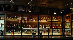 Well-Stocked Bar with Liquor Bottles and Glassware
