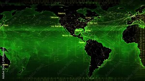 World map with connections and cities. Loopable world map with major cities names and country borders. Aerial, maritime and ground routes. Green. More color options in my portfolio.