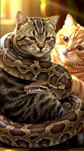 Cat wrapped around python, another cat tries to save the wrapped cat #cat #snake #shorts