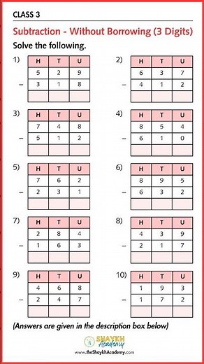 📋 Subtraction - Without Borrowing (3 Digits) | Maths Worksheet with Answers 🧑🏻‍🏫 | Class 3 #shorts