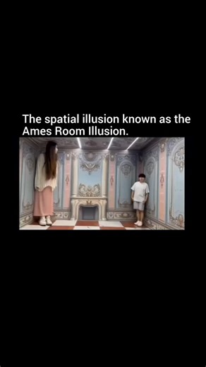 BrnFact on Instagram: ""The Ames Room is a masterpiece of optical illusion. Built with slanted walls, floors, and ceilings, it appears completely normal when viewed through a small peephole. Step inside, however, and one person suddenly looks gigantic while another appears tiny. The illusion works by manipulating perspective and depth cues, tricking the brain into assuming the room is rectangular when it’s actually distorted. It’s a clever demonstration of how easily human perception can be fool