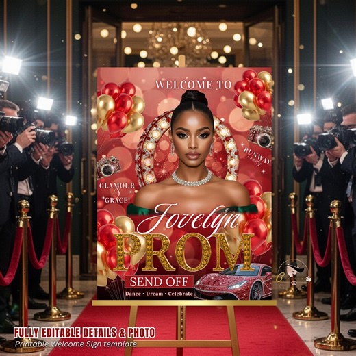 Red Gold Prom Send off Welcome Party Sign, Prom Queen Poster Sign With Photo, Entrance Party Board Sign, Glam Hollywood Printable Template - Etsy