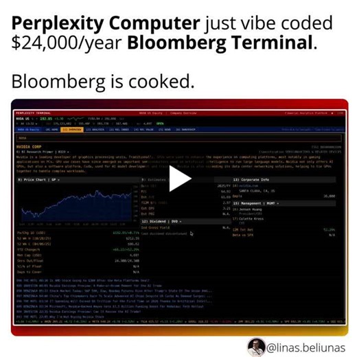 Finance SaaS is cooked. I just asked Perplexity AI to vibe code a Bloomberg Terminal replacement. 3 hours and 80,000 lines of code later, Perplexity rebuilt the Terminal in one shot: Real-time… | Linas Beliūnas | 173 comments