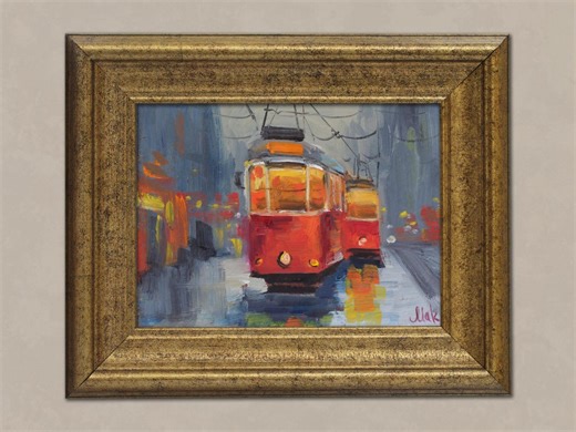 Red Tram Oil Painting Franed Lisbon Original Wall Art Portugal City Night Cityscape Artwork - Etsy