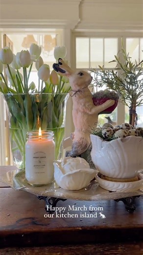 Cozy cottage Easter decor on our kitchen island.