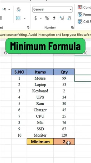 How To Use "Minimum Formula" #excel #exceltips #exceltricks #spreadsheets #exceltutorial #shorts