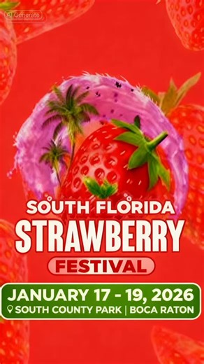 Abel Valdivia on Instagram: "🍓 Start 2026 with a BERRY fun weekend The South Florida Strawberry Festival is back on January 17 18 and 19 2026 at South County Regional Park in Boca Raton A full weekend of strawberry treats rides inflatables shows and activities for all ages 🎡 What you will find • Inflatable Adventure Village powered by FOMO Bounce Giant slides obstacle courses bounce houses mazes and special strawberry inflatables • Strawberry yummies Shortcakes chocolate dipped strawberries ch