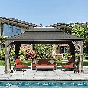Domi 10' x 14' Hardtop Gazebo Permanent Metal Gazebo with Galvanized Steel Double Roof, Curtains and Netting for Outdoor Dining, Party, Patio, Backyard, Grey