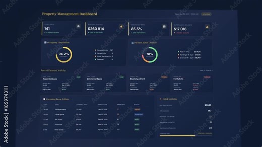 Close-up property management dashboard: animated tenant payment tracking with detailed lease analytics