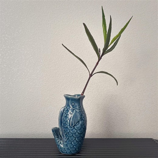Vintage Blue Fish Ceramic Vase | Handcrafted Glazed Fish Scale Bud Vase | Coastal Beach House Decor |Minimalist Animal Pottery Gift