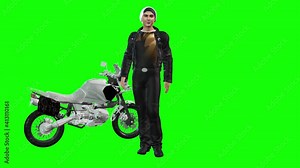 3d animation of a young avatar motorcycle enthusiast ,walking and talking about his interests of his bike.