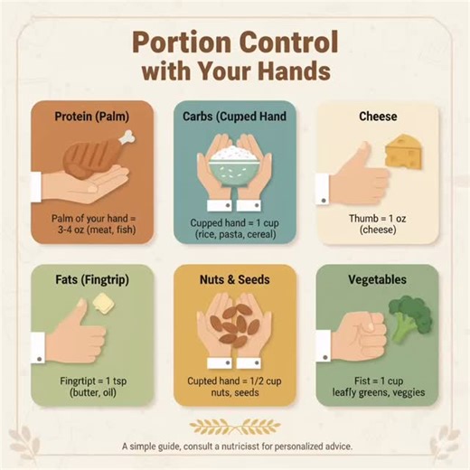 Ever wonder how much is a ‘serving size’? 🤔 Your hands are actually fantastic built-in measuring tools! Portion control doesn’t have to be complicated. Use this handy guide to easily estimate your food portions for a balanced and healthy diet. From a palm for protein to a cupped hand for carbs, it’s simpler than you think! 👉 Protein (Palm): 3-4 oz (meat, fish) 👉 Carbs (Cupped Hand): 1 cup (rice, pasta, cereal) 👉 Cheese (Thumb): 1 oz 👉 Fats (Fingertip): 1 tsp (butter, oil) 👉 Nuts & Seeds (C