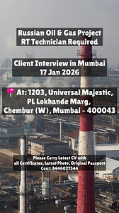 RUSSIA – OIL & GAS PROJECT NDT (RT) TECHNICIAN 📍 Client Interview: Mumbai – 17th January 2026 📌 Venue: 1203, Universal Majestic, PL Lokhande Marg, Chembur (W), Mumbai – 400043 👉 Don’t have NDT certification? Download the ANDT India Application and get certified to apply for international projects. 📲 App Download: https://xkoudn.on-app.in/app/oc/739108/xkoudn #NDTJobs #RTTechnician #OilAndGasJobs #RussiaProject #NDTInspector #OverseasJobs #ANDTIndia #NDTTraining #InspectionJobs | ANDT - Advan