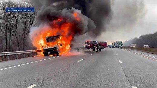 Box truck explodes in flames along Mass Pike during morning drive