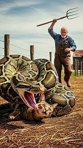 Witness the intense moment a brave farmer confronts a giant python attacking his pet cat. This shocking wildlife rescue shows the dangers animals face. The man uses a pitchfork in a desperate fight for survival, saving the cat from the deadly snake. This real animal attack footage captures the raw intensity of a man vs snake battle to protect a beloved pet. This incredible rescue is a powerful display of courage. You won't believe this amazing animal encounter. #farmer #snake #cat #rescue #brave