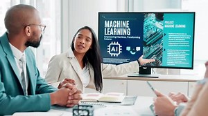 Machine learning, business people and team presentation in meeting for coaching in office