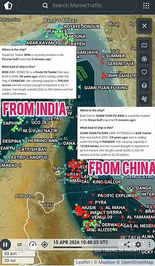 Strait of Hormuz Traffic for 15 April 2026 based on AIS data from MarineTraffic.