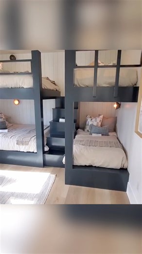 Dive into the Ultimate Bunk Room Experience! 💤 Who's ready to elevate their sleep game? Check out this idea for stunning dark blue built-in bunk beds, comfortably accommodating four to six guests with two twin and two double beds! 😍 Can you imagine the fun slumber parties you could host here? Would be great for a vacation home or rental. Would you add one of these to your home or vacation home? I’d you answered yes, then you need to try Beddy's for easy bedding options: Affiliate link: https:/