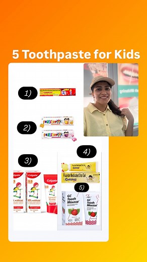 Dr.Lalita on Instagram: "5 Best Toothpastes for Kids,My recommendation… There are so many fluoride & non-fluoridated toothpastes in the market ,kindly consult your nearby dentist first. Use a non- fluoridated toothpaste for kids(age 0-2years)-1000ppm, rice grain size only. 2-6 years old - Use a pea-sized amount of toothpaste (1000-1450ppm) BUT if they can’t spit then use Non-Fluoridated toothpaste only & train them to spit & then shift to fluoride toothpaste only. Note :- The 5th one (GC tooth m