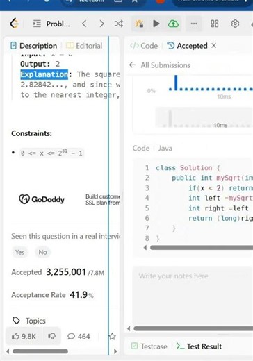 LeetCode #69 Sqrt(x) | Square Root Without Using sqrt() in Java