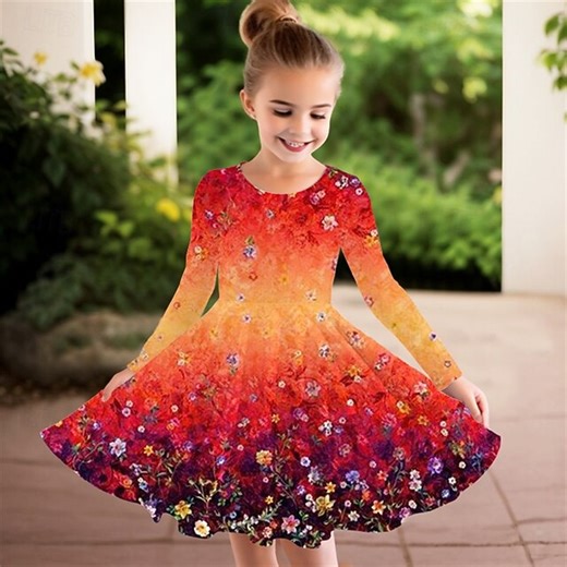 Girls' 3D Flower Dress Long Sleeve Summer Spring Vacation Daily Holiday Princess Beautiful Sweet Kids 4-12 Years Casual Dress A Line Dress Knee-length Regular Fit 2026 - $16.99