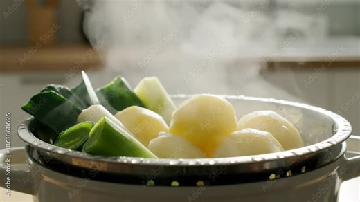 Steaming potatoes and leeks in a metal colander, cooking vegetables for a healthy meal preparation