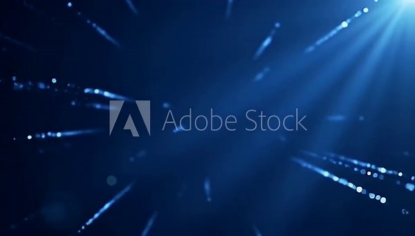 Blue Particles Streaking Across Dark Background with Light Rays Animation