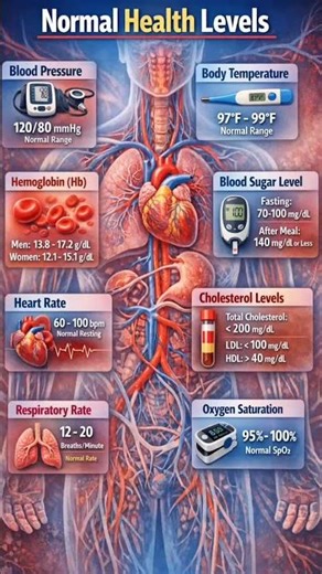 Normal Health Levels You Must Know 🩺 | BP, Sugar, Hb, SpO2 Explained #shorts #healthtips