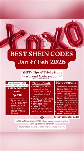 PSA: One month til Valentine’s Day! ❤️ Here are updated SHEIN codes for January 2026, February 2026, and the full year of 2026 ♥️✨ Save on clothing, beauty, shoes, bags, tech, home, and Valentine’s Day shopping. How to use & stack shein codes: First type SHEIN searchbar code QA279 or any of the additional codes listed below in this post into the SHEIN APP Searchbar, shop, and checkout within 24 hours to activate discounts. Pair with a regular SHEIN coupon at checkout for more savings, this is ho