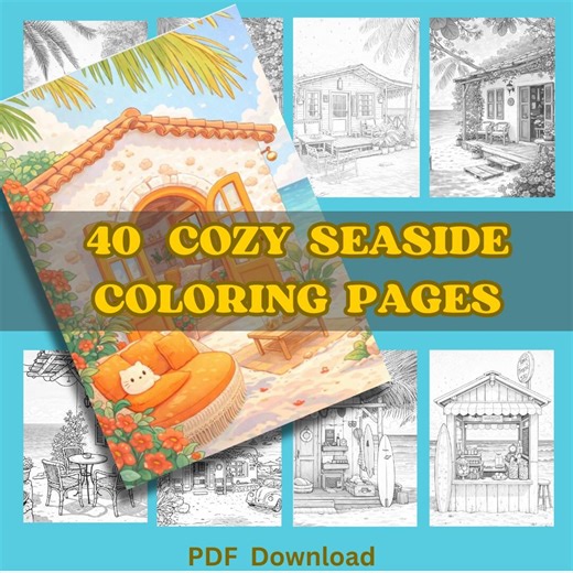 Cozy Seaside Coloring Pages Printable PDF – 40 Relaxing Beach House Scenes, Adult Coloring Book, Instant Download