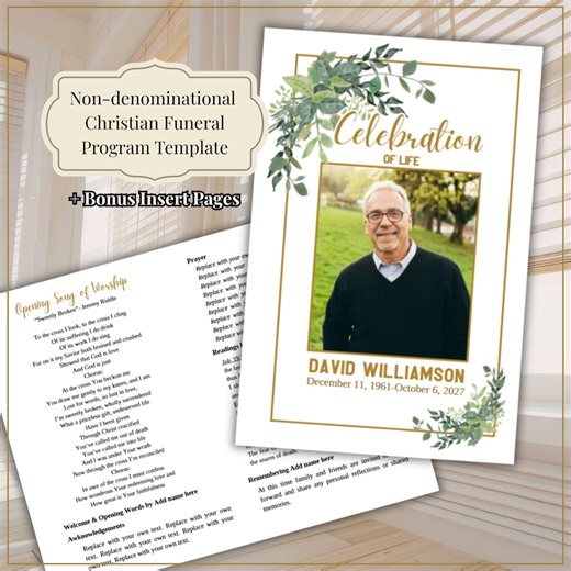 Christian Funeral Program Template | Greenery Celebration of Life (canva, Printable Digital Download) - Etsy UK