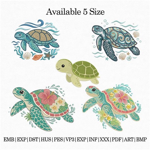 Sea Turtle Embroidery Design Bundle, Ocean Animal Embroidery Files, Turtle Floral Machine Embroidery, Beach Summer Design, Bundle - Etsy