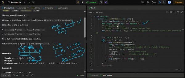 Count Triplets That Can Form Two Arrays of Equal XOR