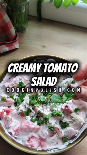 9.9K views · 166 reactions | Summer in a bowl! A classic Polish tomato salad that's ridiculously easy to make and SO delicious: - Fresh tomatoes - Thinly sliced onion - Chopped fresh dill - Salt and pepper - A dollop of sour cream - A sprig of mint in the middle  Mix it all up and enjoy the flavors of Poland! ❤️ #PolishSalad #polishfood | Cook In Polish - Polish Food Recipes | Facebook