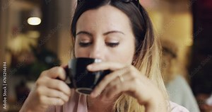 Woman, drinking coffee and thinking of future, dream in cafe with question, insight and reflection on life. Relax with espresso, warm beverage and inspiration for ideas, contemplation and mindfulness