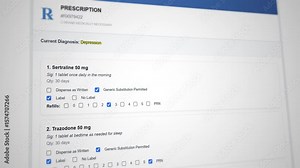 Medical prescription template form for Depression. Online prescription management interface displaying medication details and dosage options
