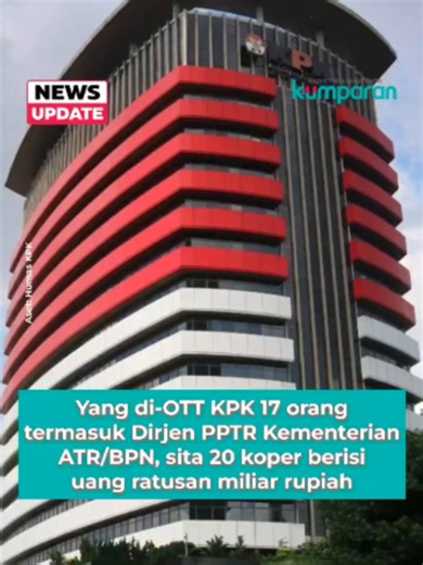 KPK menggelar operasi tangkap tangan (OTT) di Kantor Badan Pertanahan Nasional (BPN) Kabupaten Bogor dan beberapa tempat lainnya pada Senin (14/9). Dalam operasi tersebut, KPK mengamankan 17 orang di wilayah Jabodetabek. Mereka di antaranya Direktur Jenderal (Dirjen) Pengendalian dan Penertiban Tanah dan Ruang (PPTR) Kementerian ATR/BPN Lampri, Kepala Kantor Pertanahan (Kantah) Kabupaten Bogor I Sontang, dan Kepala Kantah Tangerang Tardi. OTT tersebut diduga berkaitan dengan proses pengurusan HG