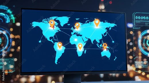 Digital world map with glowing location pins and connections on a computer screen.