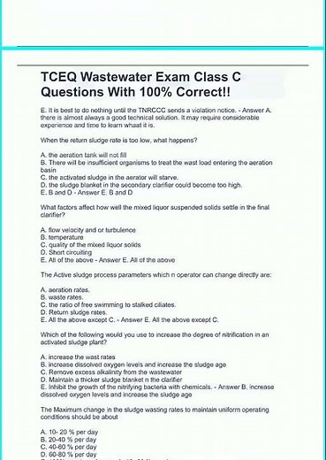 TCEQ Wastewater Exam Class C Questions With 100 Correct video